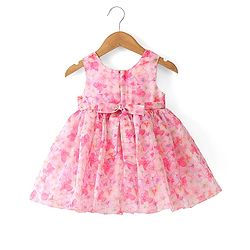Babyhug Sleeveless Floral Printed Fit & Flare Party Frock with Floral Applique  - Pink