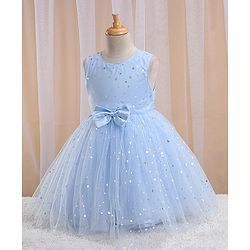 Babyhug Sleeveless Foil Printed with Bow Applique Flared Party Frock - Powder Blue