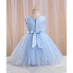 Babyhug Sleeveless Foil Printed with Bow Applique Flared Party Frock - Powder Blue
