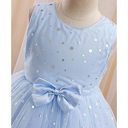Babyhug Sleeveless Foil Printed with Bow Applique Flared Party Frock - Powder Blue