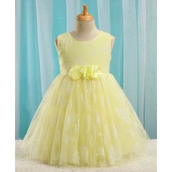 Babyhug Sleeveless Rubber Floral Printed with Corsage Flared Party Frock - Yellow
