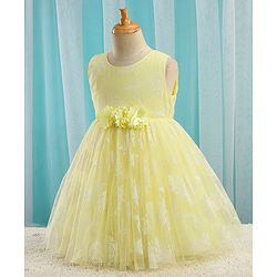 Babyhug Sleeveless Rubber Floral Printed with Corsage Flared Party Frock - Yellow