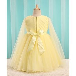 Babyhug Sleeveless Sequinned Yoke Mesh Party Frock With Bow Applique - Yellow