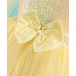 Babyhug Sleeveless Sequinned Yoke Mesh Party Frock With Bow Applique - Yellow