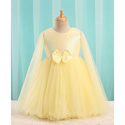 Babyhug Sleeveless Sequinned Yoke Mesh Party Frock With Bow Applique - Yellow