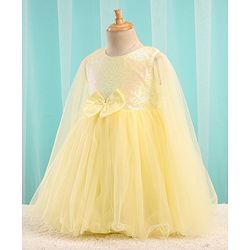 Babyhug Sleeveless Sequinned Yoke Mesh Party Frock With Bow Applique - Yellow