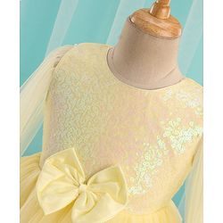 Babyhug Sleeveless Sequinned Yoke Mesh Party Frock With Bow Applique - Yellow