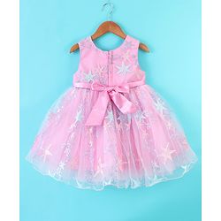 Babyhug Sleeveless Party Frock With Star Embroidered & Floral Applique - Pink