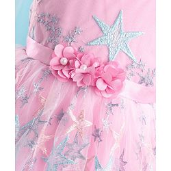 Babyhug Sleeveless Party Frock With Star Embroidered & Floral Applique - Pink
