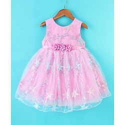 Babyhug Sleeveless Party Frock With Star Embroidered & Floral Applique - Pink