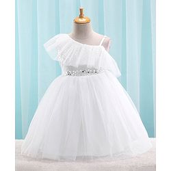 Babyhug Sleeveless Mesh Party Frock with Sequin Detailing - White