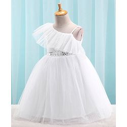 Babyhug Sleeveless Mesh Party Frock with Sequin Detailing - White