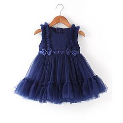 Babyhug Sleeveless Bow Applique  Mesh Party Frock - Navy Blue