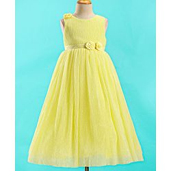 Babyhug Sleeveless Textured Party Dress with Floral Applique - Yellow