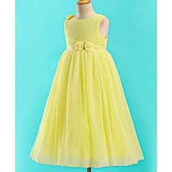 Babyhug Sleeveless Textured Party Dress with Floral Applique - Yellow
