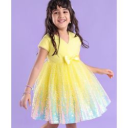 Babyhug Half Sleeves Sequinned Party Frock with Sequin Detailing & Bow Applique - Yellow