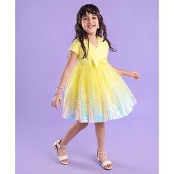 Babyhug Half Sleeves Sequinned Party Frock with Sequin Detailing & Bow Applique - Yellow