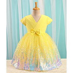 Babyhug Half Sleeves Sequinned Party Frock with Sequin Detailing & Bow Applique - Yellow