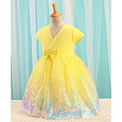Babyhug Half Sleeves Sequinned Party Frock with Sequin Detailing & Bow Applique - Yellow