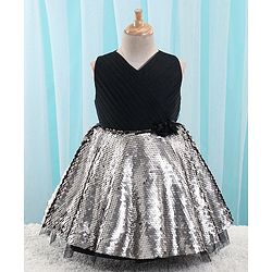 Babyhug Sleeveless Sequinned Flared Party Frock With Floral Corsage - Black