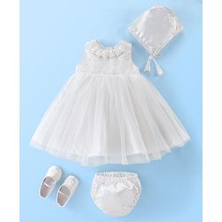 Babyhug Sleeveless Baptism Set With Floral Applique - White