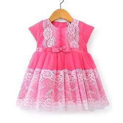 Babyhug Cap Sleeves Lace & Mesh Detailing with Bow Party Frock - Candy Pink