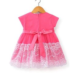 Babyhug Cap Sleeves Lace & Mesh Detailing with Bow Party Frock - Candy Pink