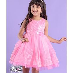 Babyhug Sleeveless Embroidered Party Frock with Sequins Detailing & Floral Applique - Light Pink