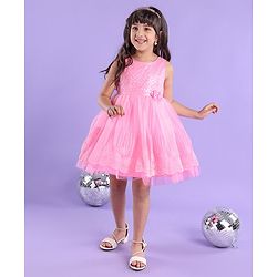 Babyhug Sleeveless Embroidered Party Frock with Sequins Detailing & Floral Applique - Light Pink