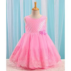 Babyhug Sleeveless Embroidered Party Frock with Sequins Detailing & Floral Applique - Light Pink
