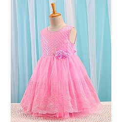 Babyhug Sleeveless Embroidered Party Frock with Sequins Detailing & Floral Applique - Light Pink