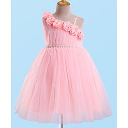 Babyhug Sleeveless Mesh Flared Party Frock  With Floral Corsage - Pink