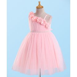 Babyhug Sleeveless Mesh Flared Party Frock  With Floral Corsage - Pink