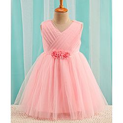 Babyhug Sleeveless Mesh Party Dress With Floral Corsage - Peach