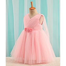 Babyhug Sleeveless Mesh Party Dress With Floral Corsage - Peach