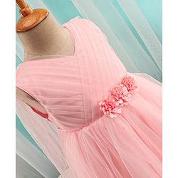 Babyhug Sleeveless Mesh Party Dress With Floral Corsage - Peach