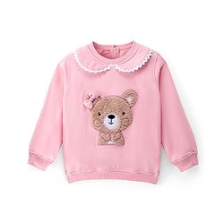Babyhug Cotton Knit Full Sleeves Lace Peter-Pan Collar Sweatshirt with Fur Bear Detailing - Pink