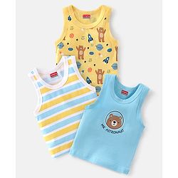 Babyhug 100% Cotton Knit Sleeveless Bear Print Sando Pack of 3 - Multicolour