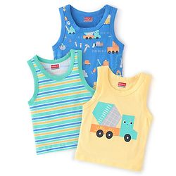 Babyhug 100% Cotton Knit Sleeveless Sando Vehicles Print Pack of 3 - Multicolour