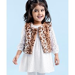 Babyhug Woven Full Sleeves Lace Frock with Leopard Design Shrug - White & Brown