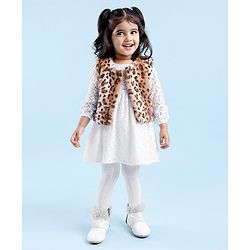 Babyhug Woven Full Sleeves Lace Frock with Leopard Design Shrug - White & Brown