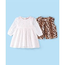 Babyhug Woven Full Sleeves Lace Frock with Leopard Design Shrug - White & Brown