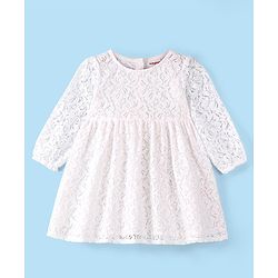 Babyhug Woven Full Sleeves Lace Frock with Leopard Design Shrug - White & Brown