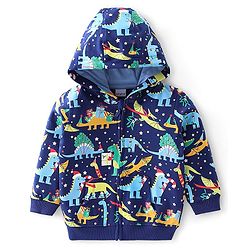 Babyhug Cotton Knit Full Sleeves Sweatjacket With Zipper & Hood Dino Print - Blue