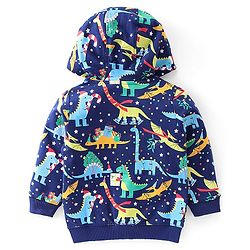 Babyhug Cotton Knit Full Sleeves Sweatjacket With Zipper & Hood Dino Print - Blue