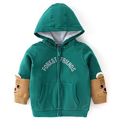 Babyhug Full Sleeves Sweatjacket with Zipper Hood & Fur Detailing on Sleeves - Dark Green