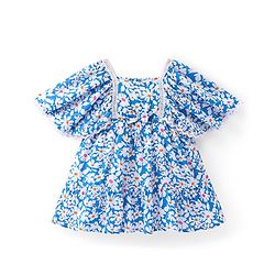 Babyhug Woven Crinkled Rayon Half Sleeves Frock With Lace Detailing Floral Print - Blue