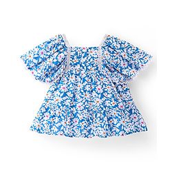 Babyhug Woven Crinkled Rayon Half Sleeves Frock With Lace Detailing Floral Print - Blue