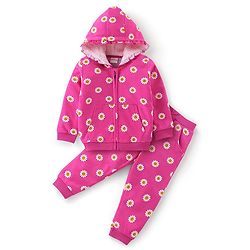 Babyhug 100% Cotton Knit to Knit Full Sleeves Hooded T-Shirt and Lounge Pant Floral Print - Fuchisa