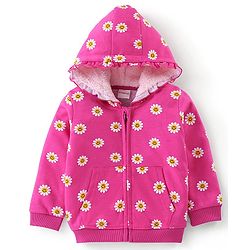 Babyhug 100% Cotton Knit to Knit Full Sleeves Hooded T-Shirt and Lounge Pant Floral Print - Fuchisa